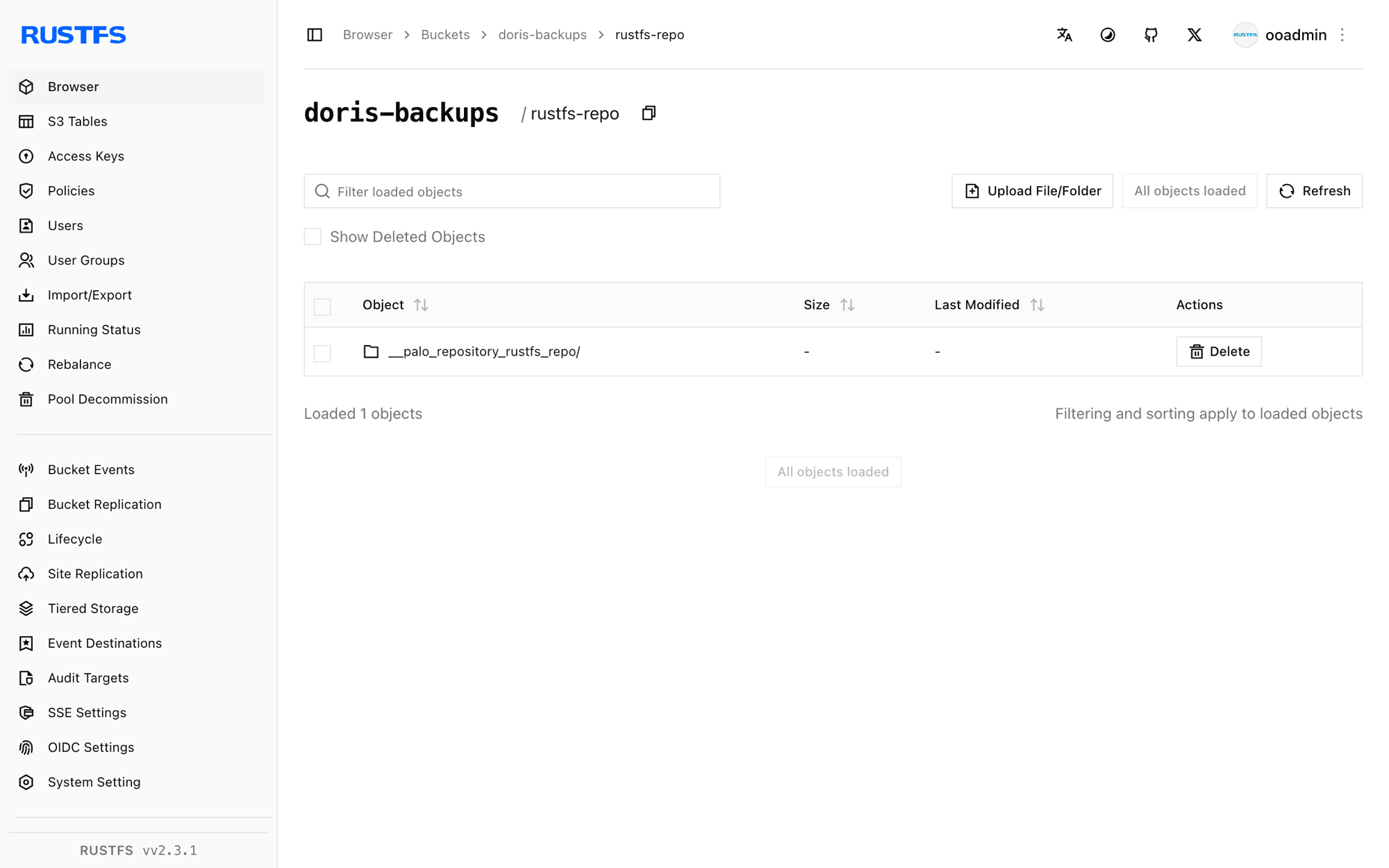 Doris backup objects stored in the RustFS Console